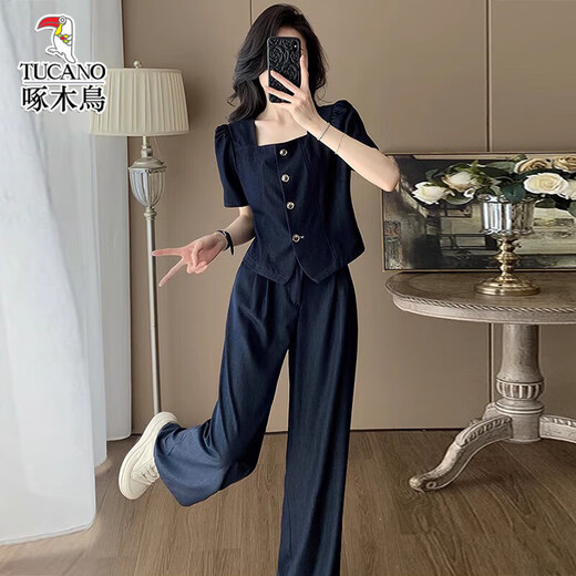 啄木鸟2025夏季穿搭一整套新款时尚休闲套装女显高显瘦高级感阔腿裤两件 深蓝色 两件套 M (100-110斤)