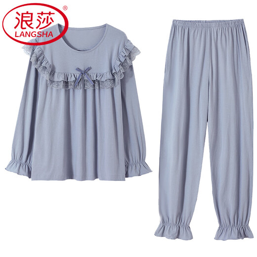 LangSha light luxury high-end women's pajamas Modal spring and autumn long sleeve pullover loose large size ice silk sweet home clothing set RQ6624 3XL