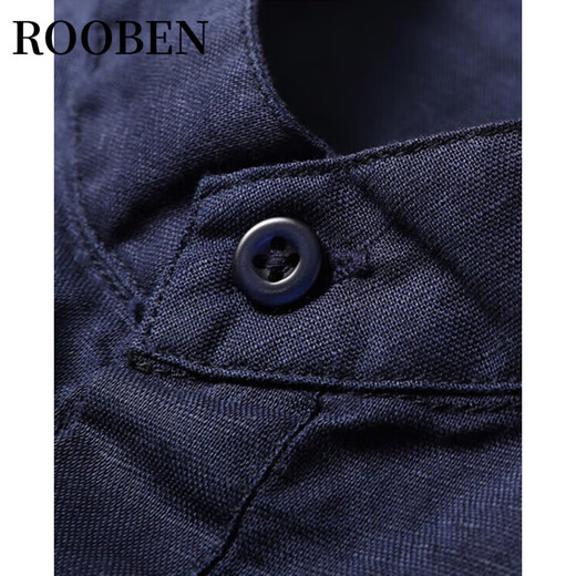 Roben International Luxury High-End-Marke Leinen kurzärmeliges T-Shirt für Herren Baumwollwäsche Sommer-Stand-up-Kragen Thin Chinese Style Lemon Casual Navy Blue One Size 175/L