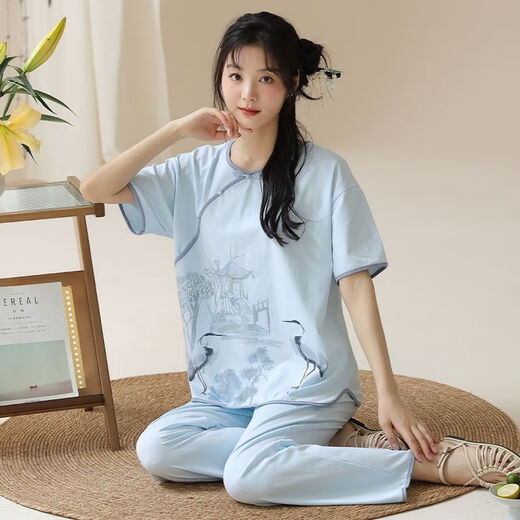 Nuevos pijamas de estilo chino para mujeres en verano, pantalones de manga corta de la madre, de moda y de moda, pueden usar pijamas y traje de ropa para el hogar G9905 [pantalones de manga corta M 7595