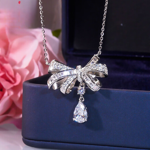 PT950 platinum full diamond bow moissanite necklace light luxury niche design imitation diamond temperament water drop necklace D-E/extreme white 1 carat LC/mirror flawless 40+5cm
