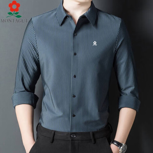 Mengtejiao MONTAGUT men's mulberry silk long-sleeved shirt autumn middle-aged daddy casual striped lapel shirt men dark green 9928 L (170) Suitable for 115-125 Jin [Jin equals 0.5 kg]