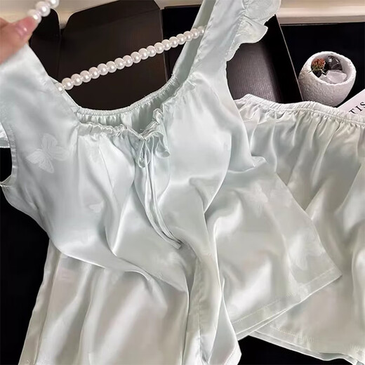 Otro pijama de seda de hielo de lujo ligero de alta gama para mujeres en almohadillas de pecho dulce de verano con pequeñas mangas de moscas pantalones pantalones cortos sueltos para el hogar set de dos piezas 935 almohadillas de cofre fijas de mariposa azul