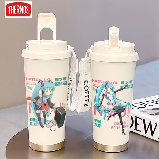 膳魔师（THERMOS）初音未来保温杯学生上学专用不锈钢便携咖啡杯保冷吸管水杯高颜值 白色-BXAB1365初音未来+配挂绳 陶瓷内胆