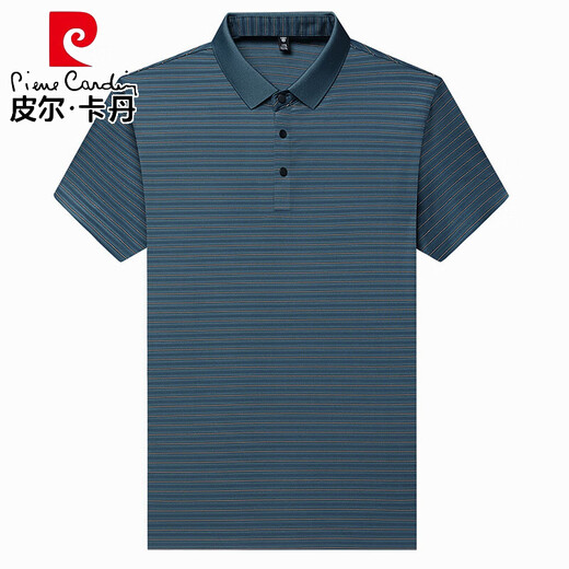 皮尔卡丹（pierre cardin）夏季中年男士桑蚕丝短袖t恤翻领条纹爸爸装体恤polo衫 H9866墨绿 M 165 推荐90-120斤