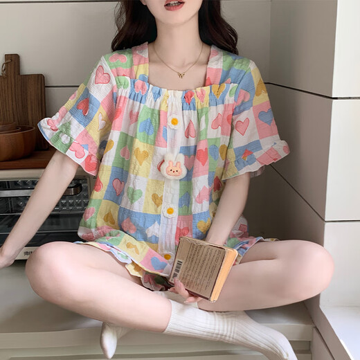 西忘2025新款睡衣女款夏季云朵棉带胸垫短袖甜美爱心可外穿家居服套装 9903-4 爱心 可拆卸胸垫 M