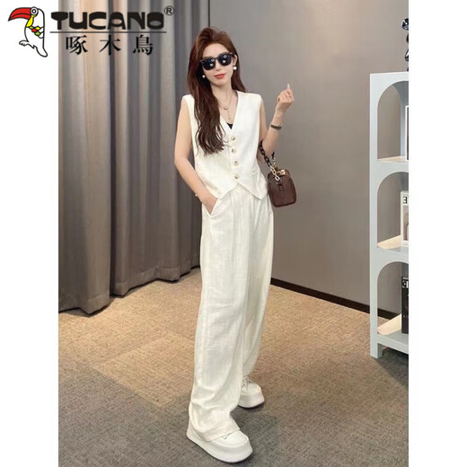 啄木鸟（TUCANO）轻奢亚麻两件套装2025夏季无袖马甲套装阔腿裤套装高端线月光初恋 白色马甲+裤子 S