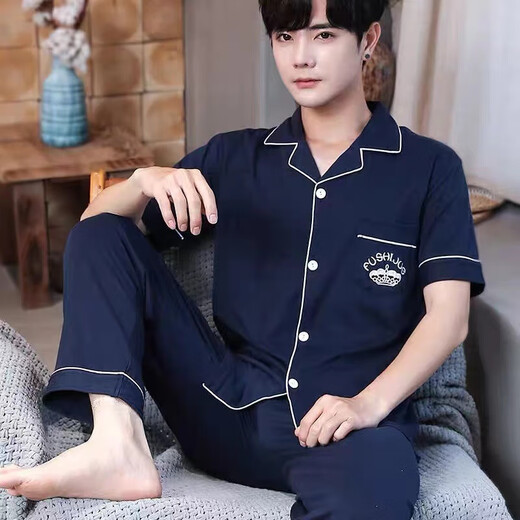 Мужская пижама Yalu, летние брюки из чистого хлопка с короткими рукавами, плюс толстый комплект летней одежды больших размеров, мужская домашняя одежда JL691 Crown Blue M -110Jin Jin равна с точностью до 0,5 кг.