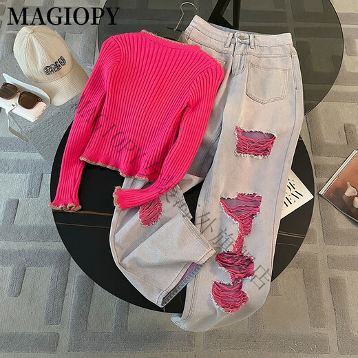 
MAGIOPY international luxury high-end brand dopamine fashion suit for women's autumn fashionable rose red knitted long-sleeved top blue jeans S (100 Jin [Jin equals 0.5 kg])