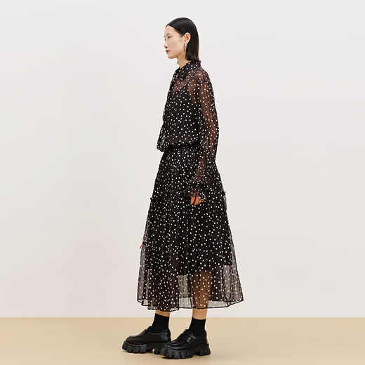 AUM Easy Suit 2025 Spring New Chiffon Printed Polka Dot Shirt Black Skirt Black Skirt S