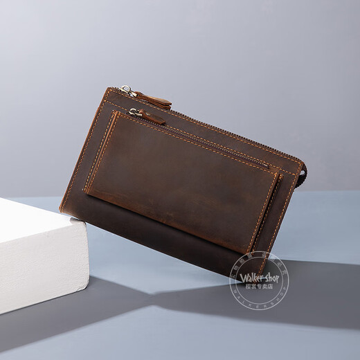 Walker Shop男包奢侈品新品【头层牛皮】男士长款拉链钱包休闲手工抓包手包潮 贵族棕