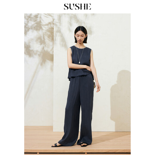 SUSHE Lingjian ethnic style embroidered sleeveless top drape skirt loose straight pants suit women summer Cenlan-top M