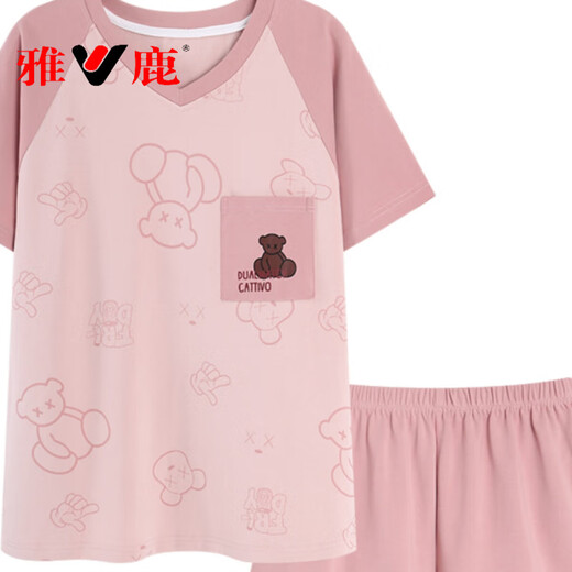 雅鹿睡衣女夏短袖纯棉2022新款韩版学生可爱家居服女春秋薄款大码套装 短袖套装--G6630 M 女--【80-100斤】