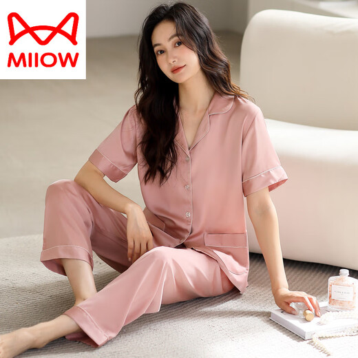 猫人（MiiOW）睡衣女夏季短袖长裤冰丝新款2025薄款仿真丝绸七分裤女家居服 FM11979【短袖长裤 冰雪丝凉感】 M 【80-100斤】女款