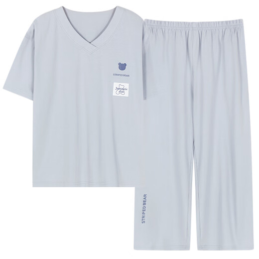 莫代尔睡衣女款夏季棉2025新款女士短袖七分裤套装夏款湛蓝家居服夏天 FJH:684蓝色英文五角星 套头短袖 M