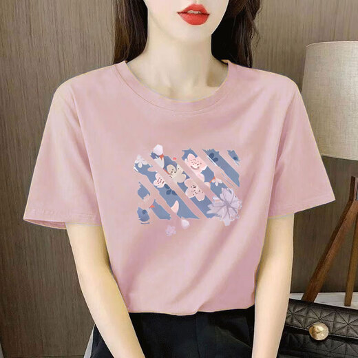 以纯YISHION浅粉色纯棉短袖t恤女士宽松气质减龄印花半袖夏装2025年新款上衣 6172皮粉 短袖 M (建议80-105斤)