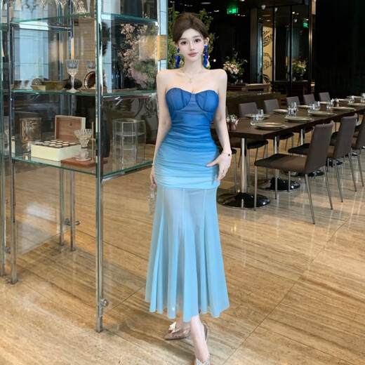 French blue mesh gradient tube top dress in the shimmer for women on seaside vacation, waist-slimming temperament evening dress, fishtail long skirt, gradient tube top dress, blue M