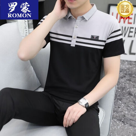 罗蒙（ROMON）夏季T恤男士夏季短袖翻领t恤韩版修身棉质休闲衫男装半袖潮流上衣 733黑色 2XL 180