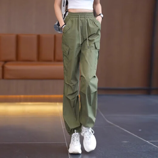 定原绿色美式工装裤女夏季薄款直筒裤2025新款高腰宽松阔腿速干运动裤 9929卡其色【夏款】 XL /29【115-125斤】