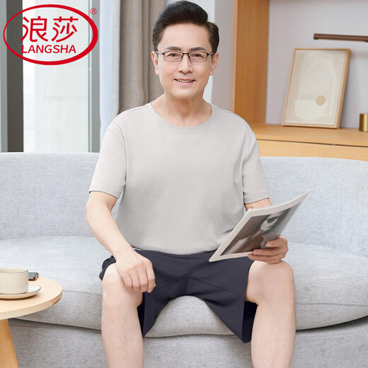 浪莎（LangSha）中老年爸爸睡衣男士夏季薄款纯棉短袖短裤套装加肥大码休闲家居服 13603#肤色 纯棉短袖短裤 XL 【建议120-140斤】