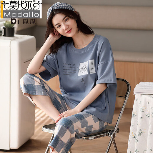莫代尔纯棉条纹睡衣女夏季新款短袖薄款圆领可外穿青年大码家居服两件套 YZT9853 M 女款 建议80-100斤