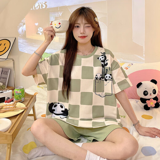 Xushansi Frauen-Pyjamas Sommer kurzärmelig 2025 Neues süßer dünner Sommer-Plus-Size-Hals-Kleidungsstück 679 Grüne Dinosaurier M Empfohlen 80-90jin [Jin ist 0,5 kg]