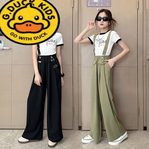 G.DUCKKIDS女童背带裤夏季薄款2025新款女大童夏装套装女孩夏款黑色儿童裤子 黑色套装 170