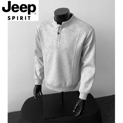 JEEP SPIRIT gray henley collar long-sleeved polo shirt men's American deconstructed splicing right shoulder T-shirt boxy version inner sweatshirt light gray long-sleeved L