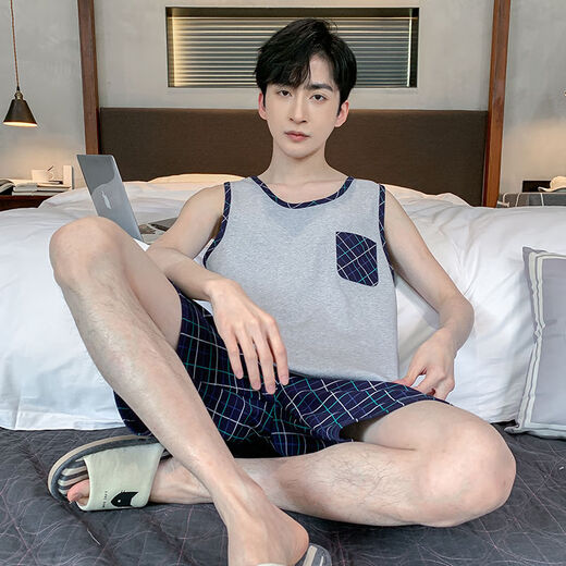 雅鹿中年男士无袖背心睡衣男青年卡通短袖薄款宽松大码家居服套装 H9928(短袖短裤) L(建议100120斤) 均码