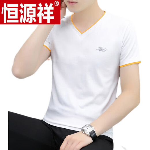 恒源祥夏季精品印花100%纯棉短袖Tt恤男潮牌V领简约打底衫 透气I白色 691款 M 85-100斤