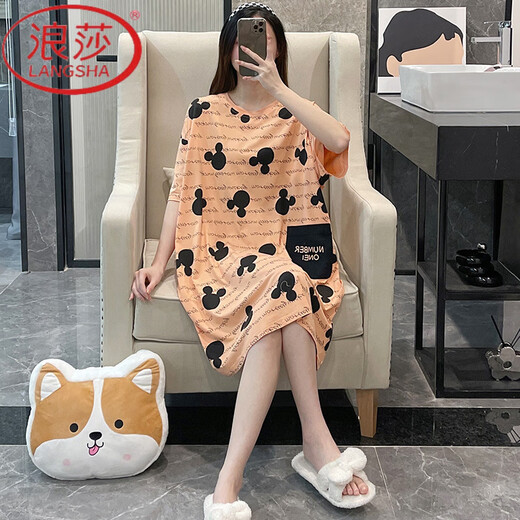 浪莎（LangSha）睡裙女夏季睡衣纯棉短袖大码胖mm200斤翠绿纯色春秋天凉感家居服 BF-1049-2-浅灰色 均码 (80-200斤)