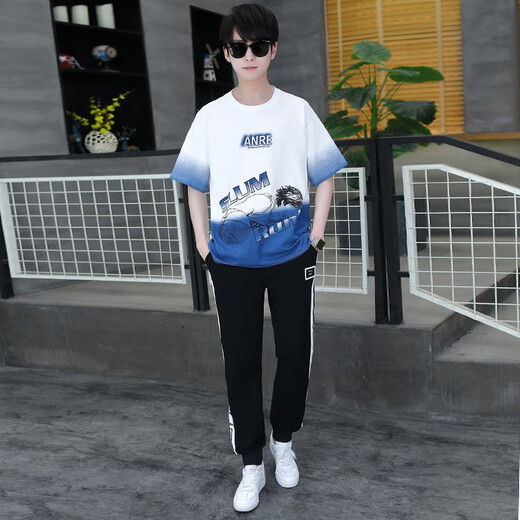 Vanjano Youth Sports Set Estudiantes de la escuela secundaria de secundaria de 16 a 17 años camisetas de manga corta de verano de 13 a 15 años de secundaria XSD-T9226 White and Blue (Top + Pants) l _100 a 115 Jin [Jin equivale a 0.5 kg]