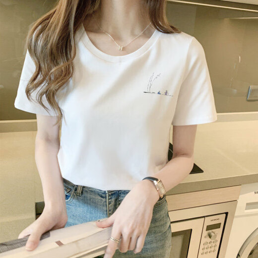 度凡尼斯纯棉短袖t恤女夏季新款韩版宽松显瘦洋气奶杏色正肩国风纯棉短袖t 6172烟熏紫 M(建议80-105斤) 均码