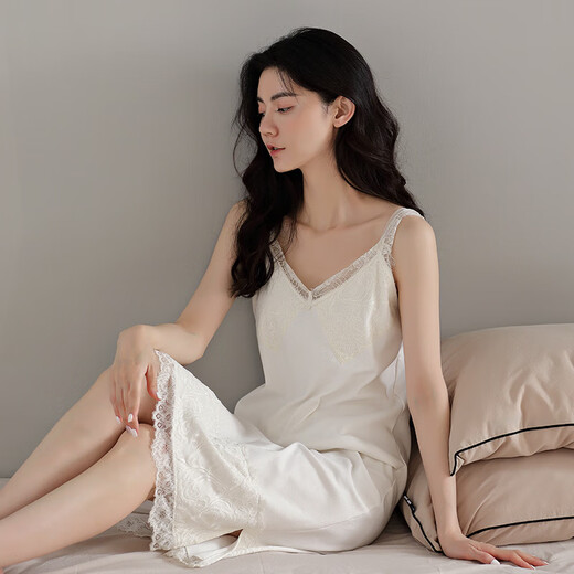 中长款睡裙女白色2025新款蕾丝拼接薄款睡衣家居服时尚可外穿 1391# M