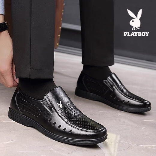 花花公子（PLAYBOY）花花公子男鞋2025夏季新款真皮镂空男士增高皮鞋防滑中老年爸爸鞋 黑色镂空款9922尖头 37