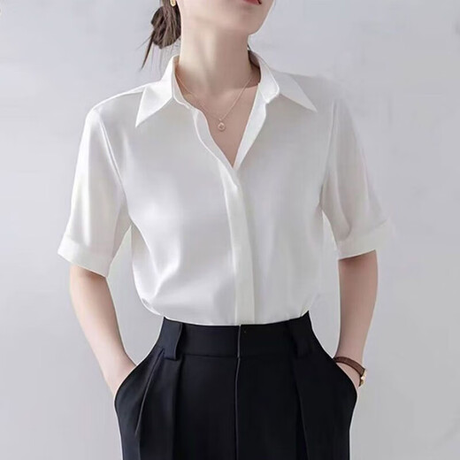 港风职业衬衫女20255新款夏季抗皱通勤时尚气质正装白色短袖衬衣 8102【高品质缎面】白色短袖 M (建议【96-110】斤)