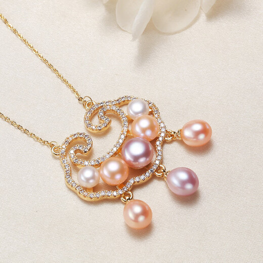 Hao Chuang natural pearl gold lock pendant necklace Zhuji freshwater pearl pendant necklace jewelry Hanfu accessories girls new style gold small longevity lock with water drops