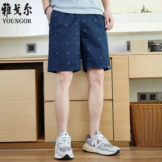 
Yager [high-string pure cotton] 2025 summer new casual sports shorts men's straight loose beach five-point pants Navy blue-D9215 3XL