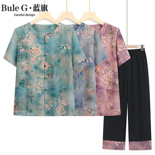 Camisa de verano Blue Flag Grandma Set de dos piezas de dos piezas de moda y de moda Mam y de manga corta Pantalones de ropa de mediana edad y ancianos LQ6626 Red Set XL Recomendado 80-100Jin [Jin equivale a 0.5 kg]