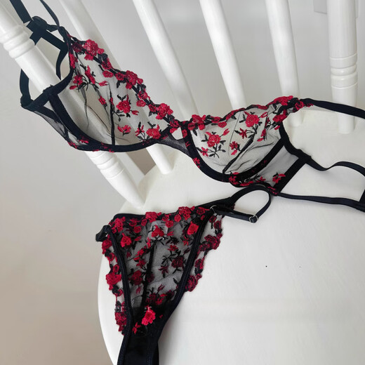 Victoria's style sexy secret tin type red apricot floral embroidery lace mesh see-through bra set sexy royal charm dark red (bra bottoms) M (75ABC)
