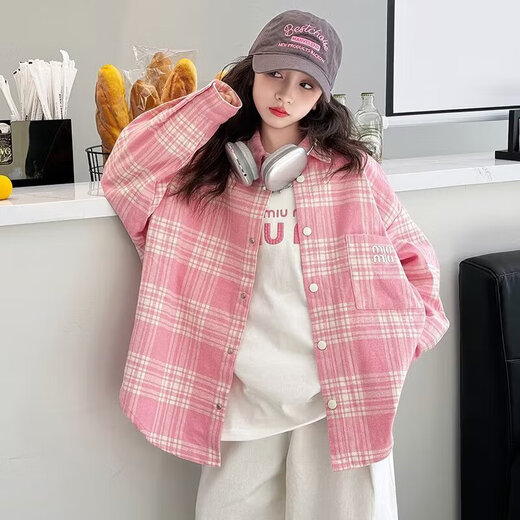 Girls long-sleeved shirt 2025 spring and autumn new style children's Korean style fashionable plaid top for middle and large children spring fashion JHP-6633 pink 140