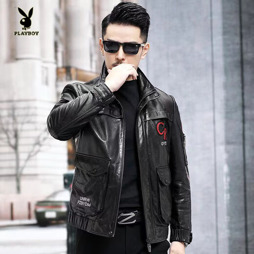 Playboy (PLAYBOY) 2025 New Autumn and Winter Slim Motorcycle Flying Leather Texture Trendy Handsome Jacket Stand Collar Casual Men's Jacket Black - Single Leather L 170 Size - 115-125 Jin Jin is equal to 0.5 kg