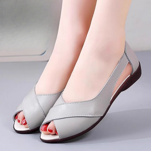 Belle-Tread Marke Weiche Ledersandalen für Frauen tragen Sommer Mutterschuhe, Keil weicher Sohle großer Fischschuhe Mundschuhe bequeme und ältere Frauen grau 40