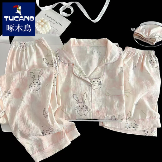 Specht Japaner Ins Stil Sommer kurzärmeligte Pyjamas für Frauen reine Baumwolle Gaze Drei-teilige süße Cartoon außerhalb von Heimkleidung Yunduo Cotton-9906# Star Welpe Drei-teilige Set L [vorgeschlagen 100-120jin [Jin gleich 0,5 kg]]