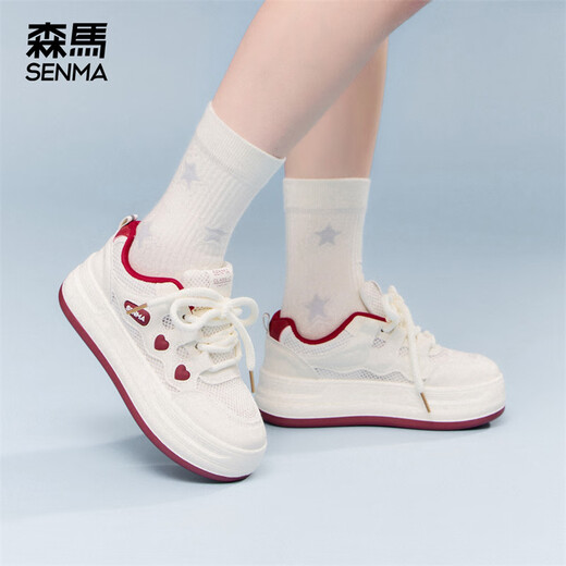 森馬小白鞋女鞋面包鞋2025新款夏季网面透气户外运动鞋增高百搭休闲鞋 米紫色 38