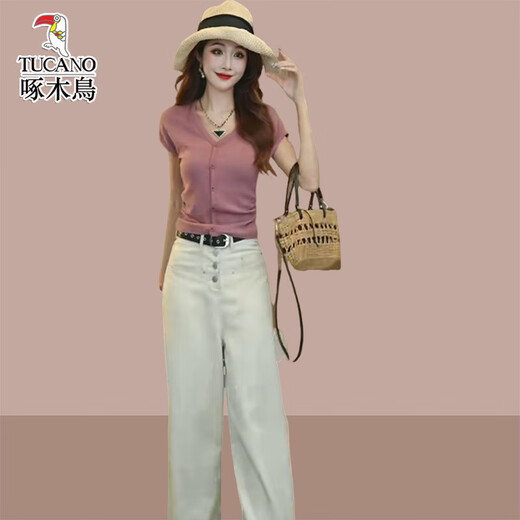 
Woodpecker's new summer women's V-neck T-shirt wide-leg jeans two-piece set white pants M (recommended 100 Jin [Jin equals 0.5 kg])