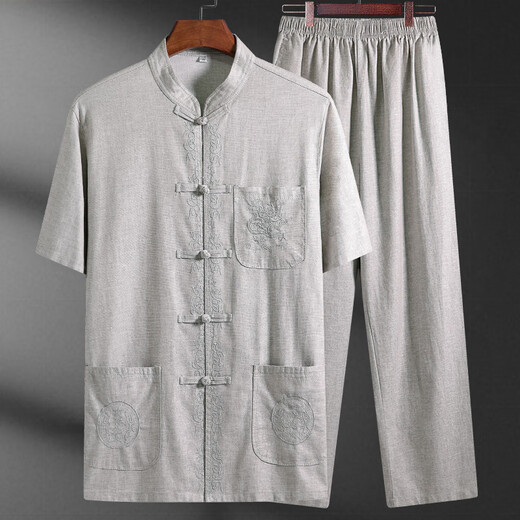 HAWIT Old Man Linen Mangas cortas Conjunto de espigas de hombre para hombres para el traje de mediana edad y ancianos del padre de verano Casual delgada abuelo Traje gris claro [Top + Pants] S 3895-110Jin [Jin equivale a 0.5 kg]