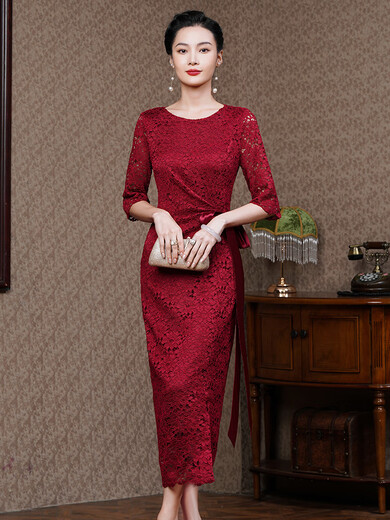Lijingtian neues Produkt Sommer Hochzeit Bankettkleid Kleid Kleid junger Schwiegermutter Hochzeitsschlank und verbesserter Cheongsam Geschenk Burgund 9761 L (95-110jin [Jin gleich 0,5 kg]) gleich groß