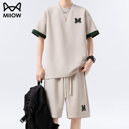 
Catman ice silk casual suit men's cool quick-drying handsome thin loose sports teen shorts shorts two-piece 6677 apricot color XL