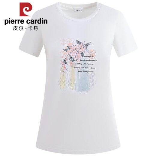 皮尔卡丹纯棉白色t恤短袖女2025夏季新款女士圆领大码宽松半袖体恤衫上衣 白色-9766 M (适合95-115斤)